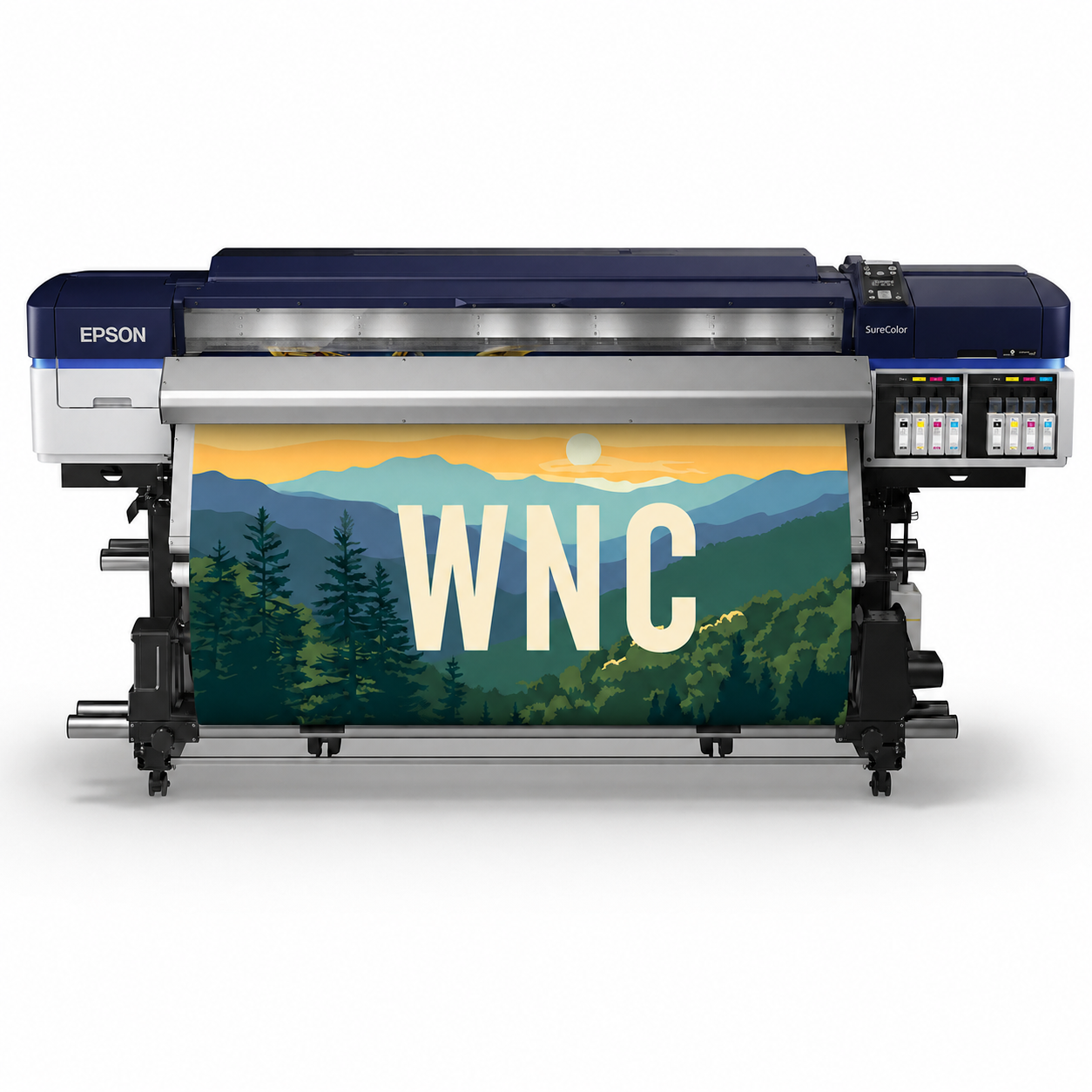 Epson printer printing WNC mountain landscape banner by Impressions Signs & Apparel